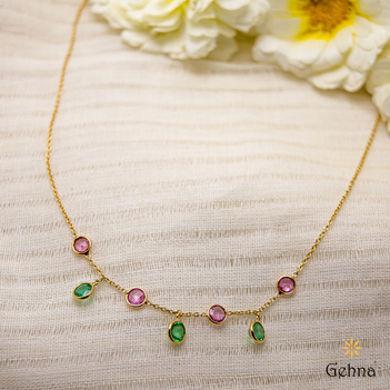 Elegant Pink Sapphire and Emerald 18K Gold Necklace (16 inches)