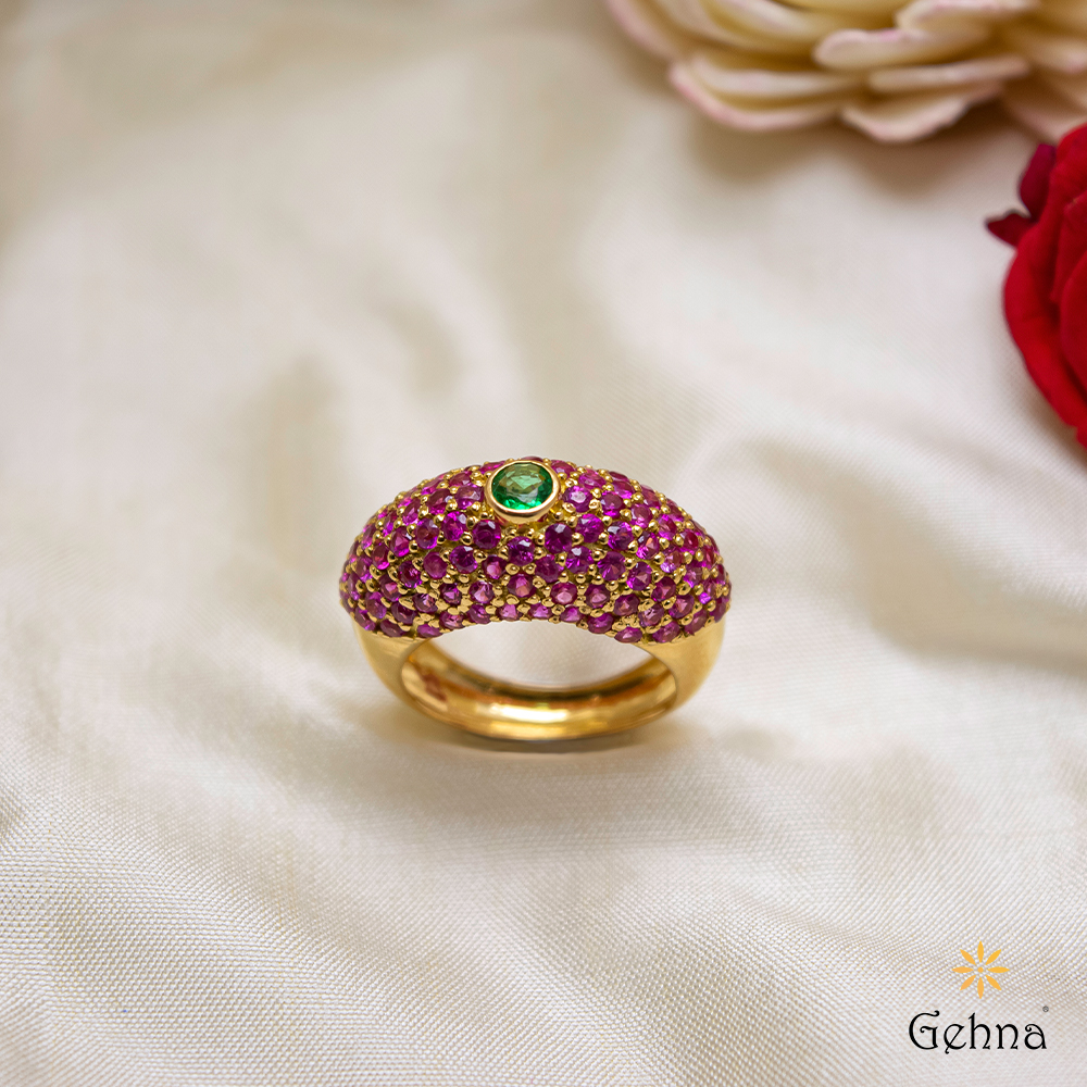 Shop Pink Sapphire and Emerald 18K Gold Ring Online in India | Gehna