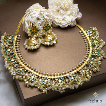 Encapsulating Emerald and Pearl 22K Gold Guttapusalu Necklace Set 