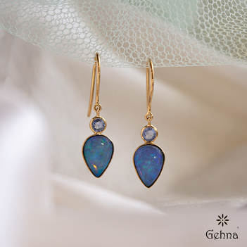 Minimalist Australian Opal and Blue Sapphire Earrings 