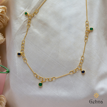 Gorgeous Blue Sapphire and Emerald 18K Gold Chain (16 inches)