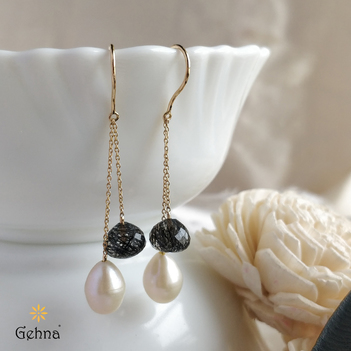 Enigmatic Pearl and Rutile Quartz Gold Earrings
