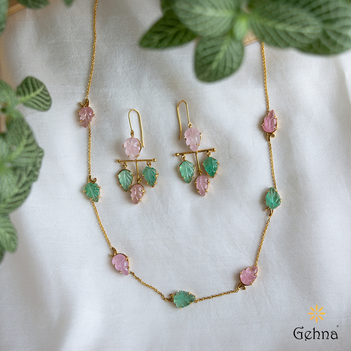 Dainty Carved Tourmaline and Emerald Necklace Set 