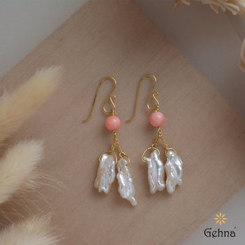 Earthy Baroque Pearl and Coral 18K Gold Earrings 