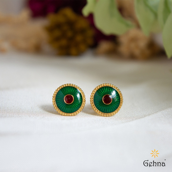Glorious Green & Red Meenakari 18K Gold Stud Earrings