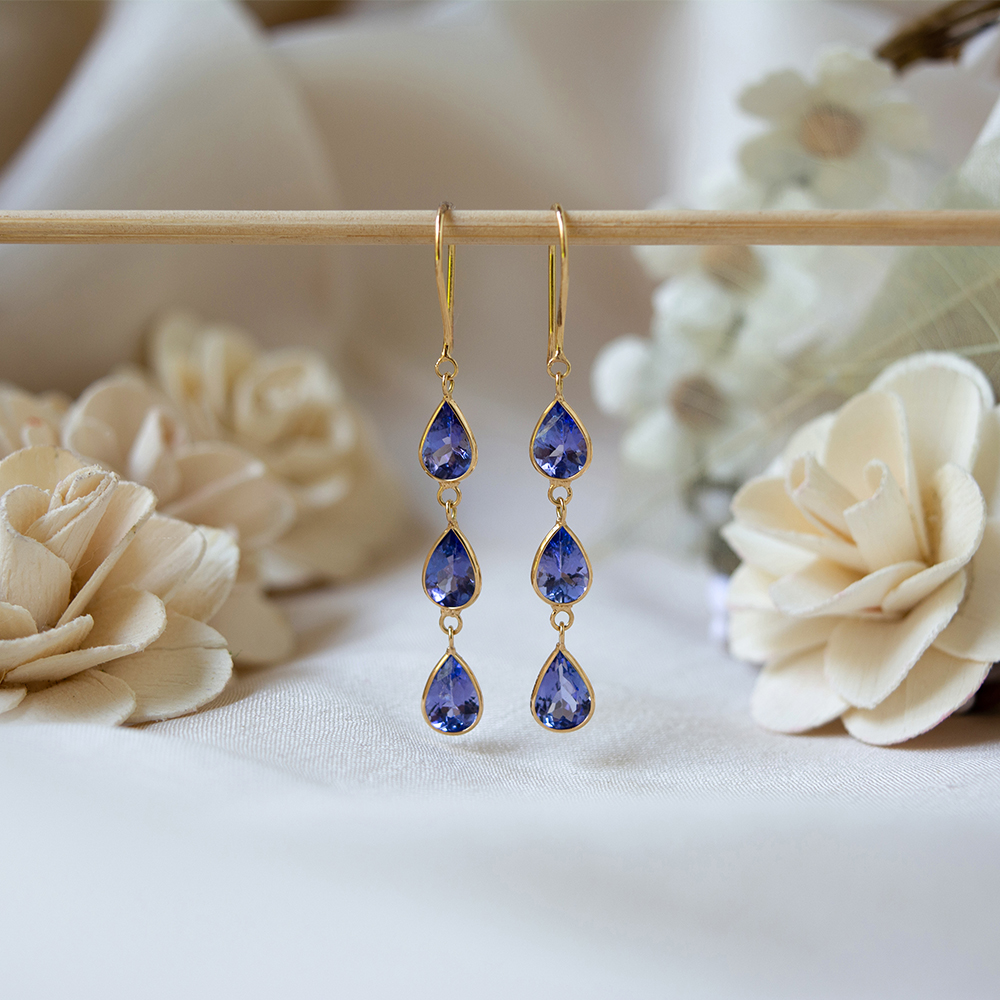 Tanzanite newest and moonstone gemstone e gold dangle earrings