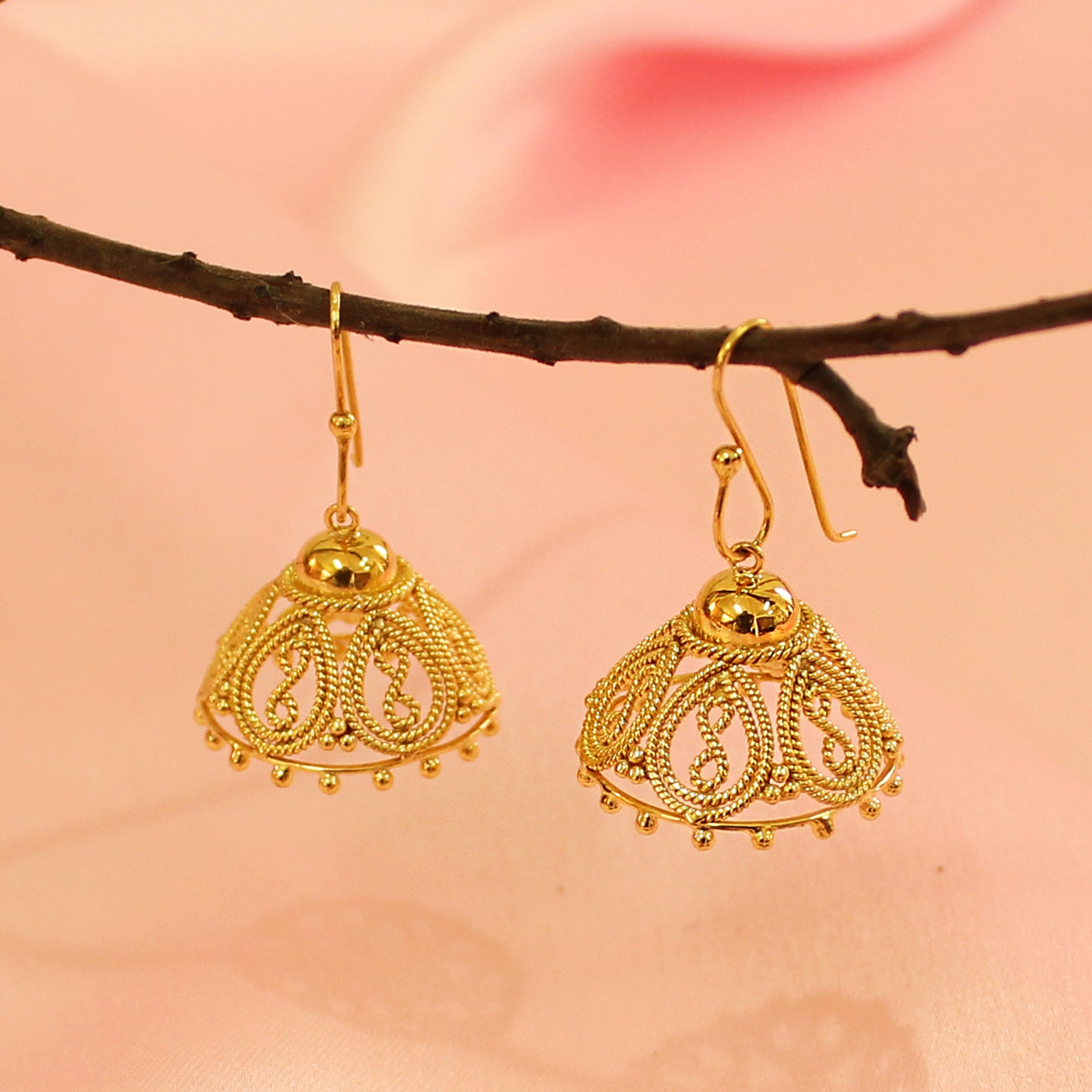 Shop Byzantine 18K Yellow Gold Filigree Jhumki Earrings Online in India