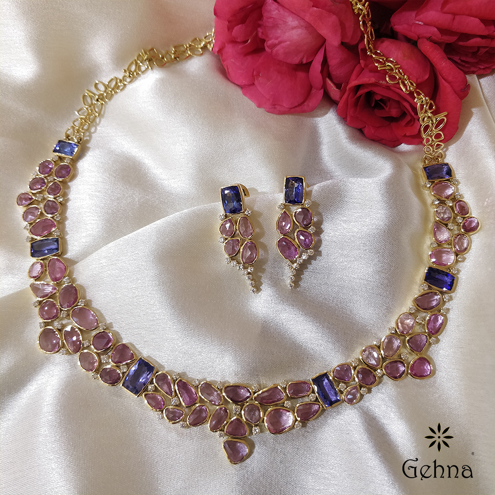 Electrifying Pink Sapphire, Tanzanite and Diamond Necklace Set by GEHNA