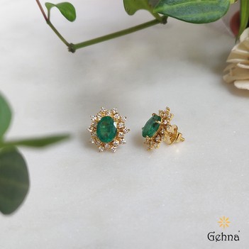 Ornamental 22 Karat Gold And Emerald Stud Earrings