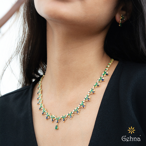 Adorable One Row Emerald Pendant Set - Modi Pearls